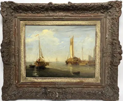 Olieverfschilderij, G.W. Opdenhoff – haven met zeilschepen, 19e eeuw – kavel bij Veilinghuis Klinkhamer, Groningen