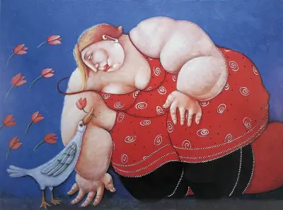 Print, Ada Breedveld - vrouw met witte vogel en tulpen, eind 20e eeuw – kavel bij Veilinghuis Klinkhamer, Groningen