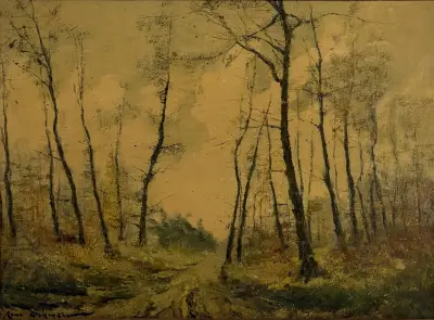 Olieverfschilderij – bospad met kale bomen, 20e eeuw – kavel bij Veilinghuis Klinkhamer, Groningen
