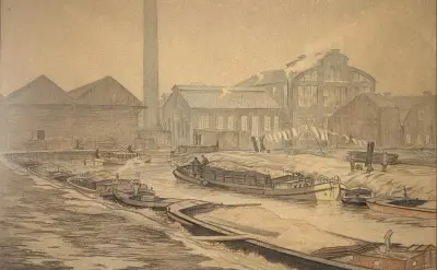 Tekening, Johan Hemkes – Aardappelmeelfabriek, Ter Apel, midden 20e eeuw – kavel bij Veilinghuis Klinkhamer, Groningen