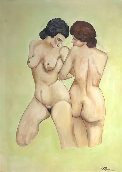 Aquarel, R. Middel – naakte vrouwen, 1985 – kavel bij Veilinghuis Klinkhamer, Groningen