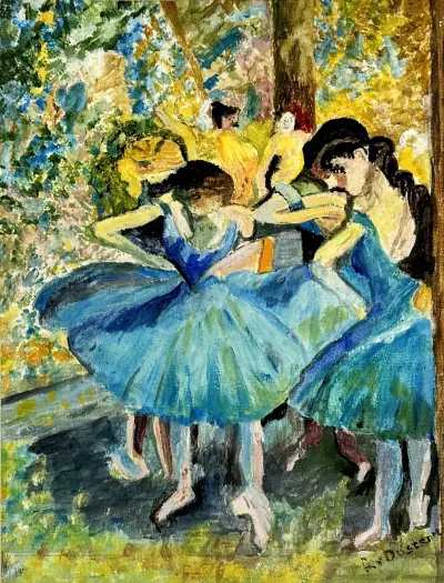 Schilderij, R. v. Oostrom – "danseressen in blauw", 20e eeuw – kavel bij Veilinghuis Klinkhamer, Groningen