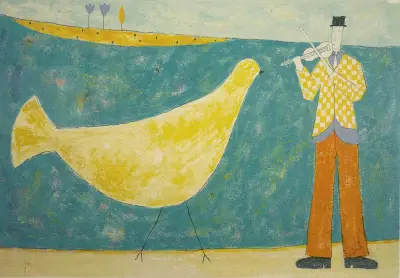 Zeefdruk, Annora Spence - 'Bird & violin', 1998 – kavel bij Veilinghuis Klinkhamer, Groningen