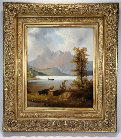 Olieverfschilderij – bergmeerlandschap met boot, 19e eeuw – kavel bij Veilinghuis Klinkhamer, Groningen