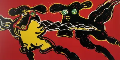 Zeefdruk, Peter Diem – 'Flying Cow Red', 1993 – kavel bij Veilinghuis Klinkhamer, Groningen