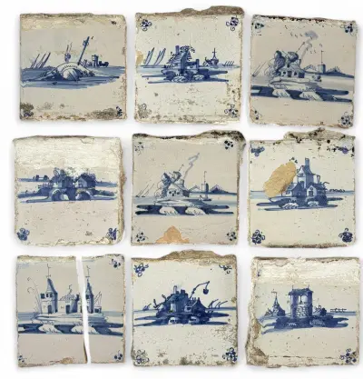 Delfts blauwe tegels – Hollandse landschappen, 17e/18e eeuw – kavel bij Veilinghuis Klinkhamer, Groningen