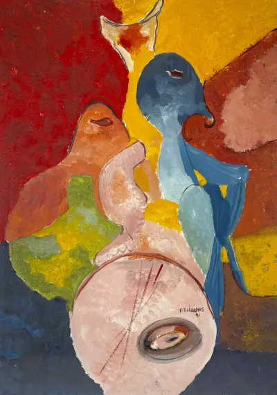 Schilderij, P. Tielemans – abstracte compositie, 1991 – kavel bij Veilinghuis Klinkhamer, Groningen