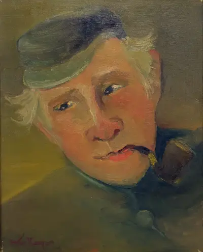 Olieverfschilderij – portret van man met pet en pijp, eerste helft 20e eeuw – kavel bij Veilinghuis Klinkhamer, Groningen