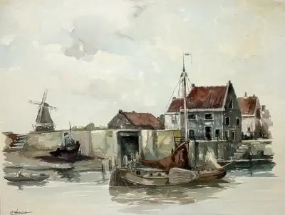 Aquarel, G.J. Wesselink – haven tafereel met molen, 20e eeuw – kavel bij Veilinghuis Klinkhamer, Groningen