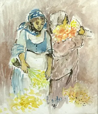 Aquarel – twee bloemenverkoopsters, 1990 – kavel bij Veilinghuis Klinkhamer, Groningen