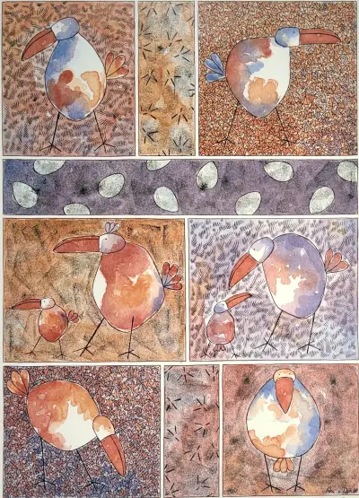 Zeefdruk, Ans van Dijk – 'Num Num', vogels, 1998 – kavel bij Veilinghuis Klinkhamer, Groningen