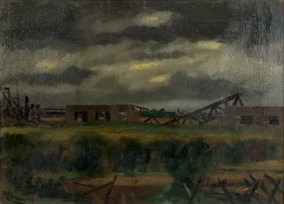 Olieverfschilderij, Ruurd Elzer – ingestorte brug, 1948 – kavel bij Veilinghuis Klinkhamer, Groningen