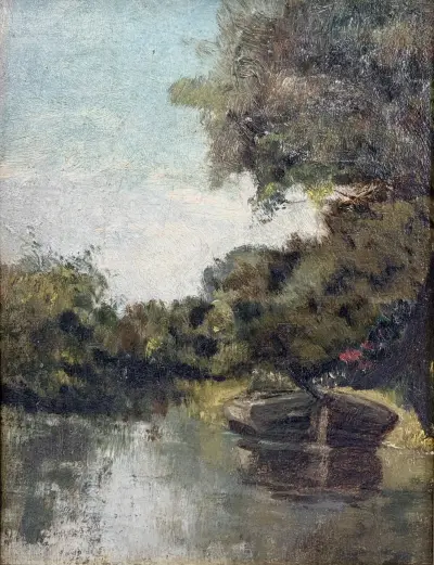 Olieverfschilderij – rivierlandschap met boot, ca. 1900 – kavel bij Veilinghuis Klinkhamer, Groningen