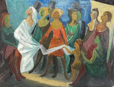 Olieverfschilderij, Jan Tebben – figuratieve compositie, ca. 1960 – kavel bij Veilinghuis Klinkhamer, Groningen