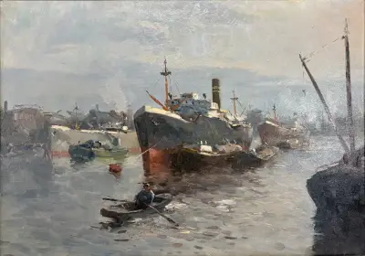 Olieverfschilderij – havengezicht met stoomschepen, eerste helft 20e eeuw – kavel bij Veilinghuis Klinkhamer, Groningen