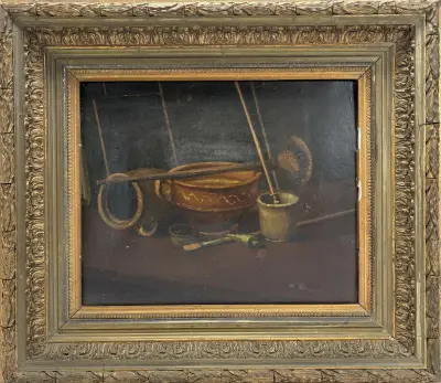 Schilderij – stilleven met penselen en kommen, eerste helft 20e eeuw – kavel bij Veilinghuis Klinkhamer, Groningen