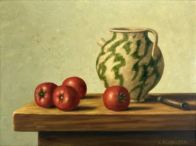 Olieverfschilderij, L. Schouten – stilleven met tomaten en kruik, tweede helft 20e eeuw – kavel bij Veilinghuis Klinkhamer, Groningen
