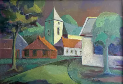 Dubbelzijdig olieverfschilderij, Koudijs - dorpsgezicht met toren en bloemstilleven, 1967 – kavel bij Veilinghuis Klinkhamer, Groningen