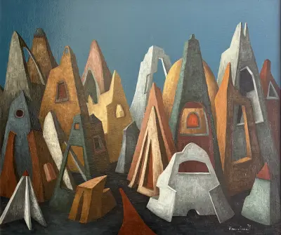 Olieverfschilderij, Harm van Rossum – 'Futuristisch landschap', 1975 – kavel bij Veilinghuis Klinkhamer, Groningen