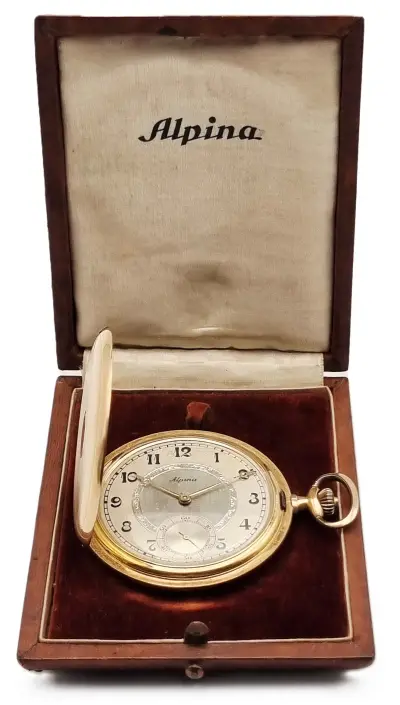 14 karaat gouden zakhorloge in foedraal, Alpina - Zwitserland, eerste helft 20e eeuw – kavel bij Veilinghuis Klinkhamer, Groningen