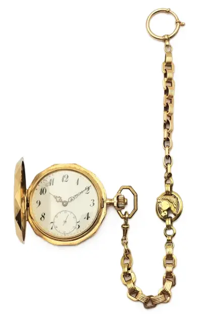 14 karaat gouden zakhorloge met ketting - paardenmotief, ca. 1900 – kavel bij Veilinghuis Klinkhamer, Groningen