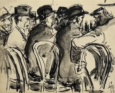 Inkttekening, George Martens – "bierklanten in de bierzaak", eerste helft 20e eeuw – kavel bij Veilinghuis Klinkhamer, Groningen