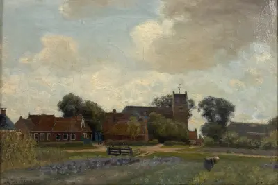 Olieverfschilderij, Ids Wierdsma - Fries dorpsgezicht, 1919 – kavel bij Veilinghuis Klinkhamer, Groningen
