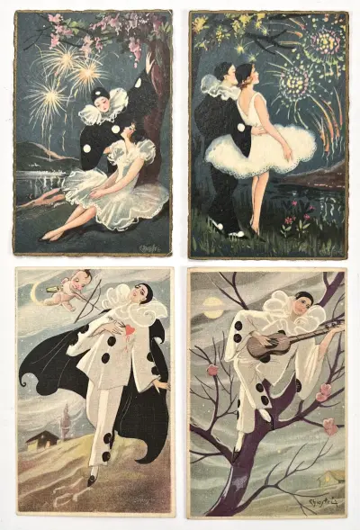 Art Deco ansichtkaarten, Sofia Chiostri - Pierrot, Italië, ca. 1930 – kavel bij Veilinghuis Klinkhamer, Groningen