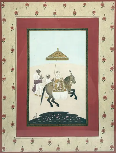 Miniatuurschilderij, Indiase School – vorst te paard onder parasol, 20e eeuw – kavel bij Veilinghuis Klinkhamer, Groningen