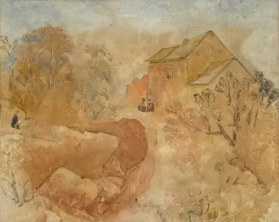 Aquarel – landelijk huis met figuren, 20e eeuw – kavel bij Veilinghuis Klinkhamer, Groningen
