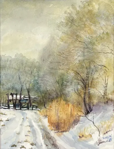 Aquarel, Eddy Wierenga – winters boslandschap, 1985 – kavel bij Veilinghuis Klinkhamer, Groningen