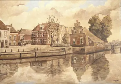 Olieverfschilderij R. Zuiderweg – stadsgezicht aan gracht, 1977 – kavel bij Veilinghuis Klinkhamer, Groningen