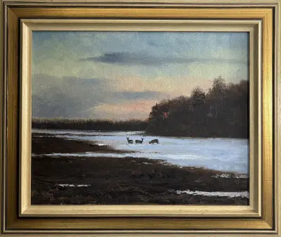 Olieverfschilderij, K. Bos – winters veld met herten in sneeuw, 20e eeuw – kavel bij Veilinghuis Klinkhamer, Groningen