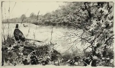 Aquarel, Rien Poortvliet – fazant en hert in landschap, tweede helft 20e eeuw – kavel bij Veilinghuis Klinkhamer, Groningen