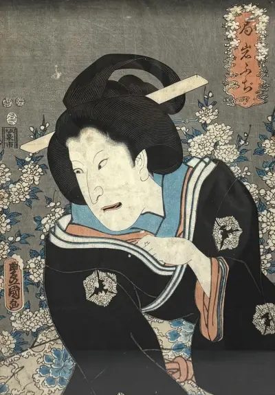 Kleurenhoutsnede, Utagawa Kunisada (Toyokuni III) – kabuki portret met bloesem, Japan, 19e eeuw – kavel bij Veilinghuis Klinkhamer, Groningen