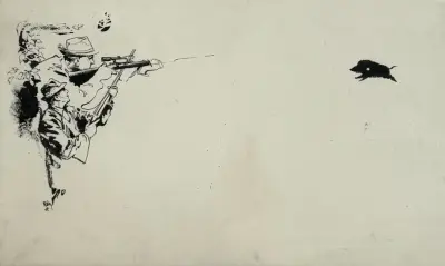 Inkttekening, Rien Poortvliet – jachttafereel, ca. 1970 – kavel bij Veilinghuis Klinkhamer, Groningen
