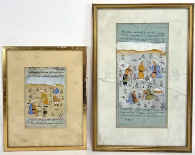Perzische manuscriptbladen met miniatuurscènes en kalligrafie, 19e eeuw – kavel bij Veilinghuis Klinkhamer, Groningen