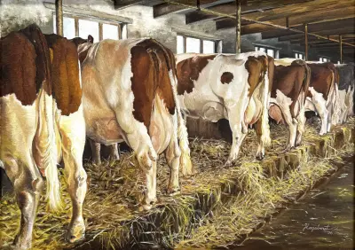 Olieverfschilderij, Hagebout – koeien in stal, 1996 – kavel bij Veilinghuis Klinkhamer, Groningen