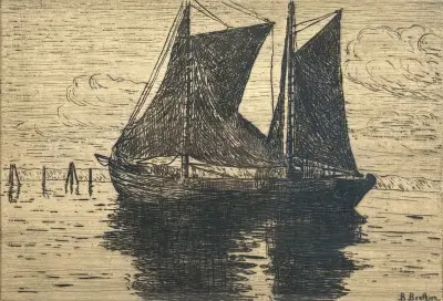 Ets, B. Benthien – 'Ewer auf der Elbe', 20e eeuw – kavel bij Veilinghuis Klinkhamer, Groningen