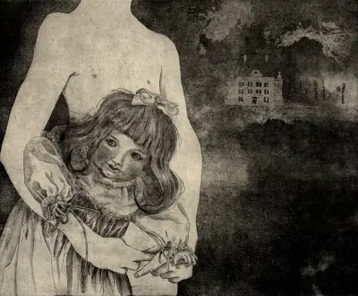 Ets, Anneke van der Horst, jongen met kind en landhuis op achtergrond, 1979 – kavel bij Veilinghuis Klinkhamer, Groningen