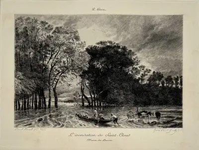 Gravure, Paul Huet – 'L'inondation de Saint-Cloud', 1855 – kavel bij Veilinghuis Klinkhamer, Groningen
