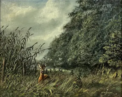 Olieverfschilderij, Hans Bulder – ree aan bosrand, tweede helft 20e eeuw – kavel bij Veilinghuis Klinkhamer, Groningen
