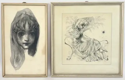 Potloodtekeningen, Harrie van Rosmalen, - portret meisje en vrouw, 1966 – kavel bij Veilinghuis Klinkhamer, Groningen