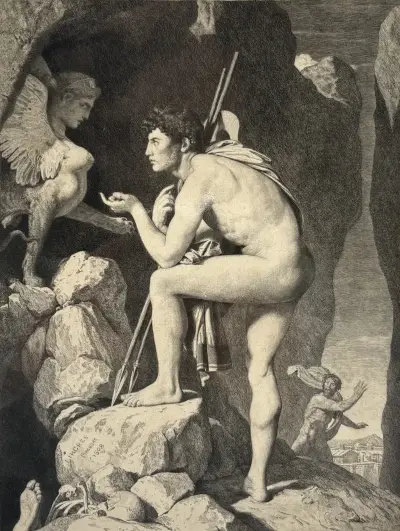 Heliogravure, J.A. Ingres -"Oedipe", neoclassicistisch mythologisch tafereel, postume druk 1890 – kavel bij Veilinghuis Klinkhamer, Groningen