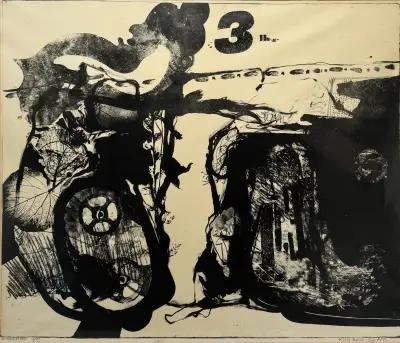 Zinklitho, Abe Kuipers – abstracte zwart-wit compositie, 1967 – kavel bij Veilinghuis Klinkhamer, Groningen