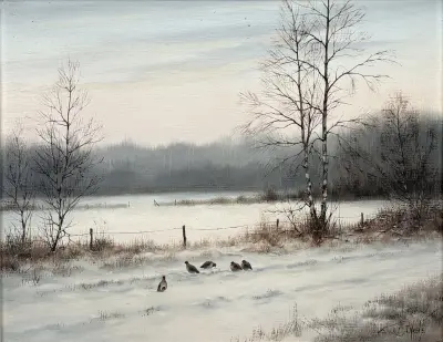 Olieverfschilderij, Jan Wessels – winters landschap met patrijzen, 20e eeuw – kavel bij Veilinghuis Klinkhamer, Groningen
