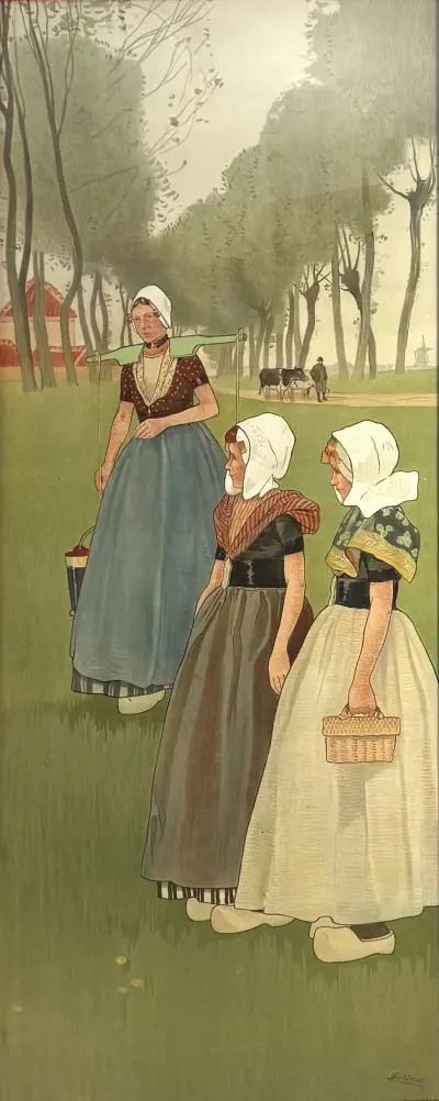 Art Nouveau chromolitho, Henri Cassiers – vrouwen in klederdracht ca. 1900 – kavel bij Veilinghuis Klinkhamer, Groningen