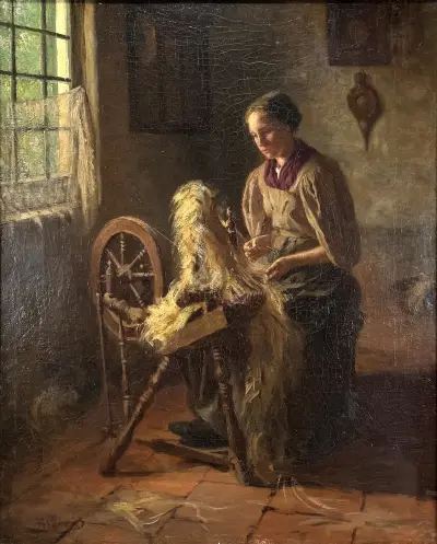 Olieverfschilderij, Bernard Blommers – vrouw met spinnewiel, 19e eeuw – kavel bij Veilinghuis Klinkhamer, Groningen