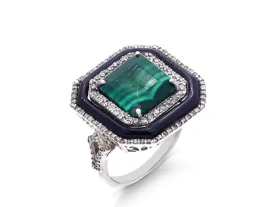 Ring met centraal groene malachiet omringt door witte natuurlijke diamanten en zwarte onix – kavel bij Onlineveilingmeester