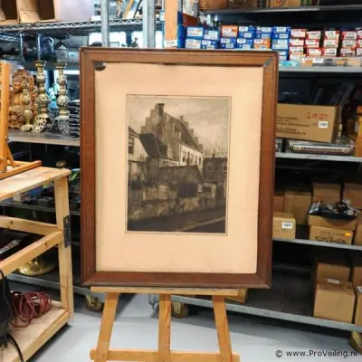 Ets of tekening van de Langegracht in Amersfoort, gemaakt door de Nederlandse kunstenaar Dirk Harting (1884–1972) – kavel bij ProVeiling, Wageningen